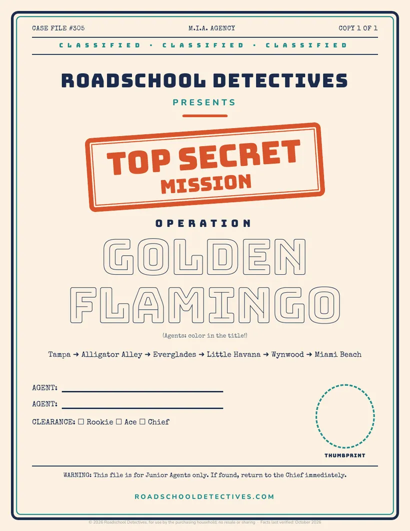 Cover of the Operation Golden Flamingo case file: Top Secret Mission, Tampa to Miami Beach, with spaces for agent names and a thumbprint