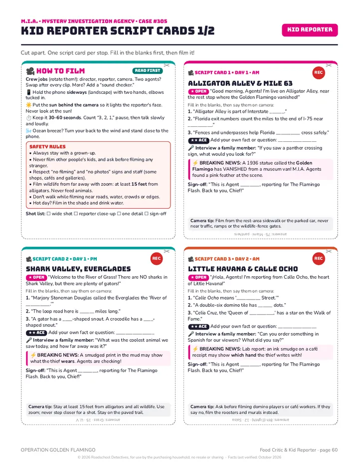 Kid reporter script cards with a how-to-film card