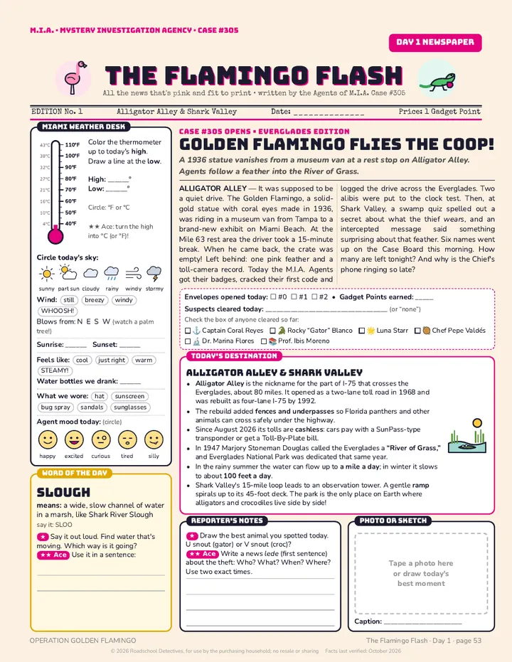 The Flamingo Flash day 1 newspaper page with weather desk and word of the day